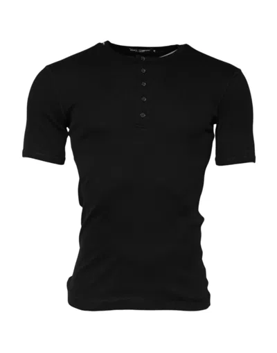 Dolce & Gabbana Black Cotton Knit Crew Neck Henley Men's T-shirt