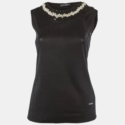 Pre-owned Dolce & Gabbana Black Cotton Knit Embellished Neck T-shirt M