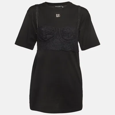 Pre-owned Dolce & Gabbana Black Cotton Knit Lace Bralette Detail T-shirt S