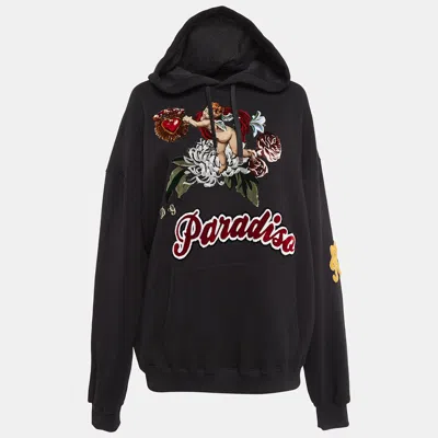 Pre-owned Dolce & Gabbana Black Cotton Knit Patch Detail Hooded Sweatshirt M