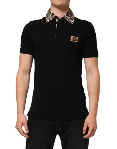 DOLCE & GABBANA BLACK COTTON LEOPARD COLLAR POLO T-SHIRT