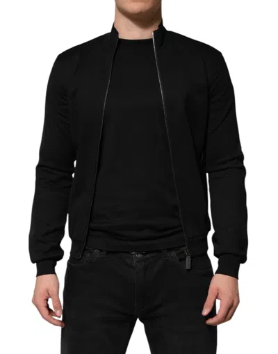 DOLCE & GABBANA BLACK COTTON LOGO FULL ZIP MEN BOMBER JACKET