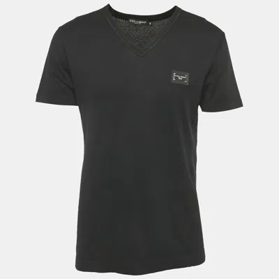 Pre-owned Dolce & Gabbana Black Cotton Logo Plaque Detail V-neck T-shirt M