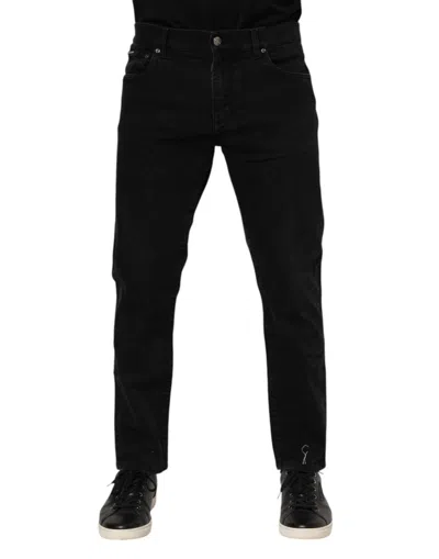 Pre-owned Dolce & Gabbana Black Cotton Logo Plaque Slim Fit Denim Men's Jeans ()