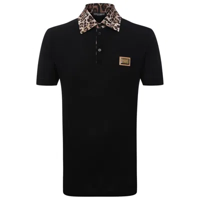 Dolce & Gabbana Black Cotton Leopard Collar Polo T-shirt