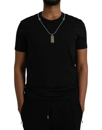 Dolce & Gabbana Black Cotton Silver Chain Short Sleeve T-shirt