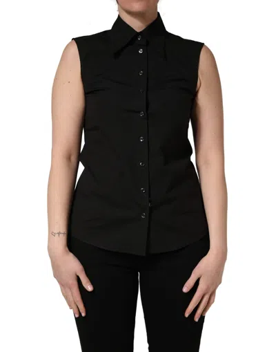 Dolce & Gabbana Black Cotton Sleeveless Collared Blouse Top