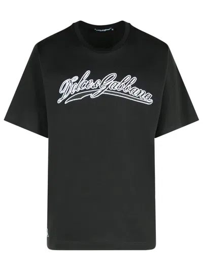 Dolce & Gabbana Men Cotton T-shirt With Embossed Logo Embroidery In Black