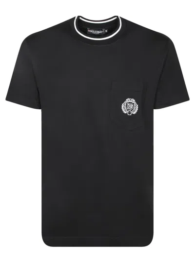 DOLCE & GABBANA BLACK COTTON T-SHIRT WITH EMBROIDERED LOGO
