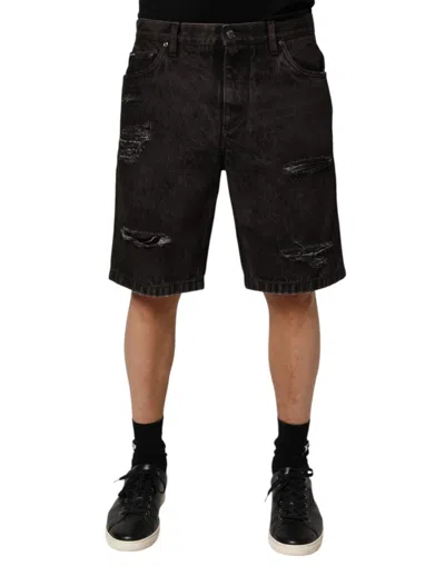 DOLCE & GABBANA DOLCE & GABBANA BLACK COTTON TATTERED DENIM MEN BERMUDA MEN'S SHORT
