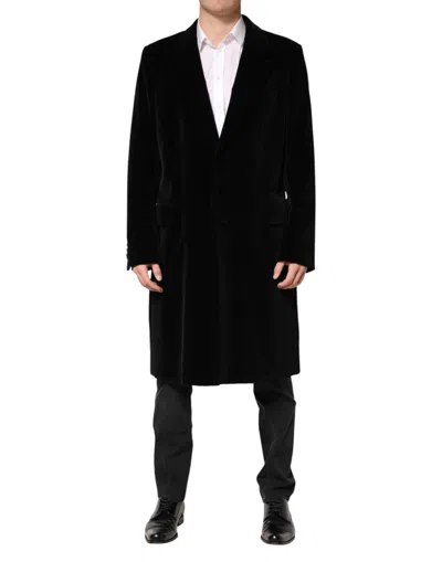 Dolce & Gabbana Cotton Velvet Long Trench Coat Jacket In Black