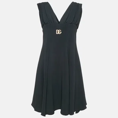 Pre-owned Dolce & Gabbana Black Crepe Logo Plaque Detail Mini Dress L