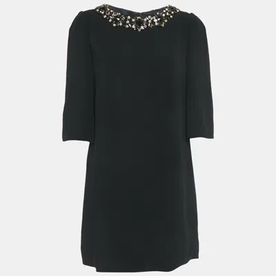 Pre-owned Dolce & Gabbana Black Crepe Neck Embellished Mini Dress M