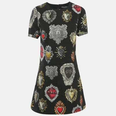 Pre-owned Dolce & Gabbana Black Crest Printed Cotton Jacquard Mini Dress M