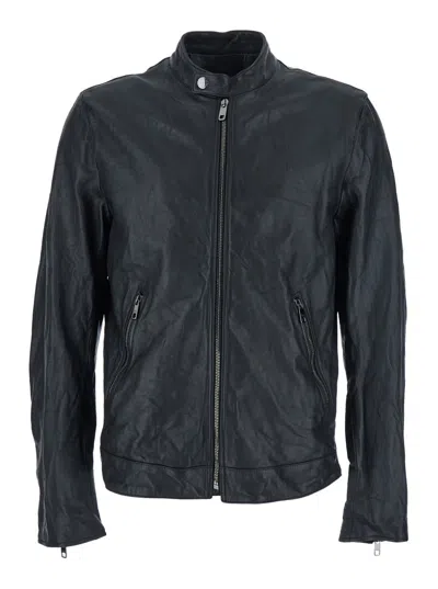Dolce & Gabbana Black Crewneck Jacket With Two Front Welt Pockets With Zip In Leather Man In Blue
