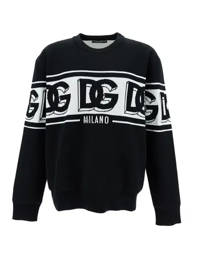 DOLCE & GABBANA DOLCE & GABBANA MEN BLACK CREWNECK SWEATER WITH DG MOTIF IN WOOL BLEND MAN