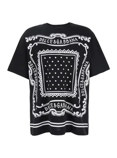 Dolce & Gabbana Men Black Crewneck T-shirt With Bandana Print All-over In Cotton Woman