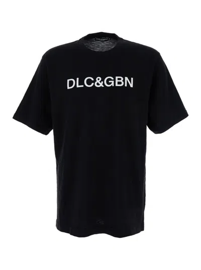 Dolce & Gabbana Black Crewneck T-shirt With Contrasting Logo In Cotton Man