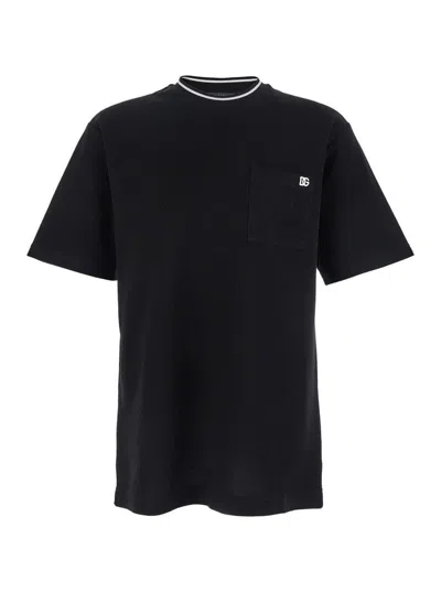 Dolce & Gabbana Black Crewneck T-shirt With Logo Embroidery On The Front In Cotton Man