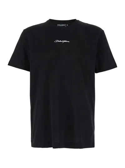 DOLCE & GABBANA DOLCE & GABBANA BLACK CREWNECK T-SHIRT WITH SIGNATURE LOGO IN COTTON MAN