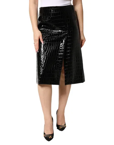 Pre-owned Dolce & Gabbana Black Croc Faux-leather Mid Waist Midi Women's Skirt ()