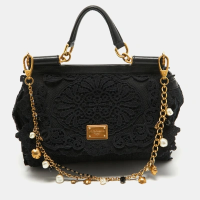 Pre-owned Dolce & Gabbana Black Crochet And Leather Medium Miss Sicily Top Handle Bag