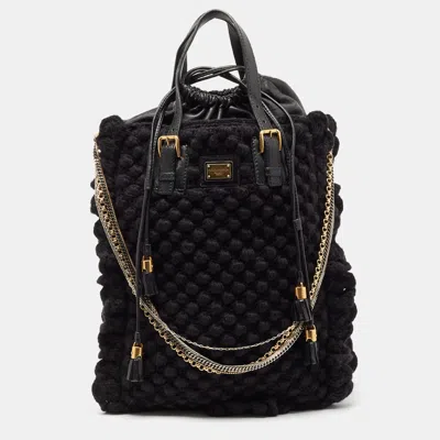 Pre-owned Dolce & Gabbana Black Crochet Fabric And Leather Drawstring Tote