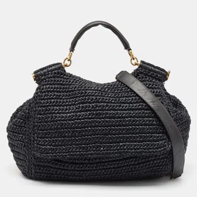 Pre-owned Dolce & Gabbana Black Crochet Straw And Leather Large Miss Sicily Top Handle Bag