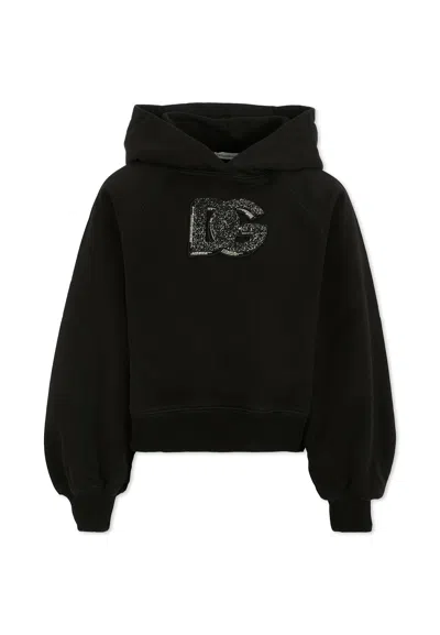 DOLCE & GABBANA BLACK CROPPED SWEATSHIRT FOR GIRL WITH LOGO