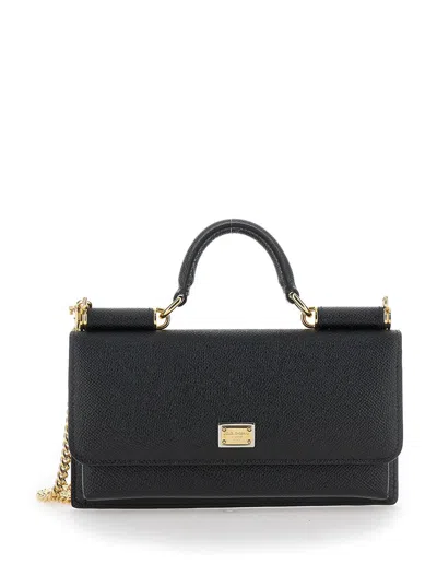 Dolce & Gabbana Black Crossbody Bag With Logo Plaque In Grained Leather Woman