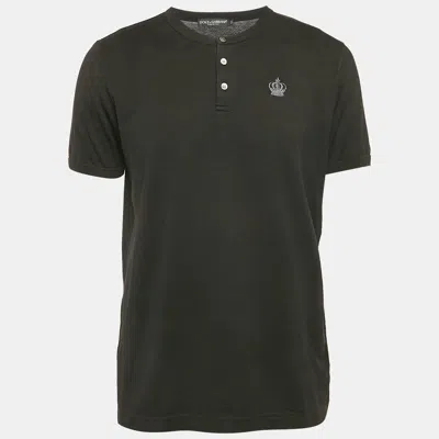 Pre-owned Dolce & Gabbana Black Crown Embroidery Cotton Henley T-shirt Xl
