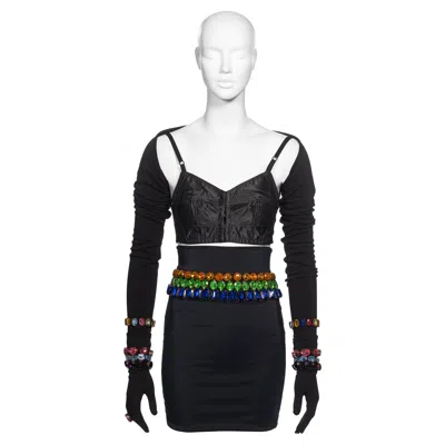Pre-owned Dolce & Gabbana Black Crystal Adorned Corset, Skirt, Shrug And Gloves, Fw 1991