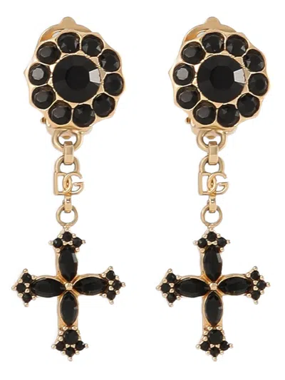 Dolce & Gabbana Black Crystal Cluster Cross Earrings In Gold