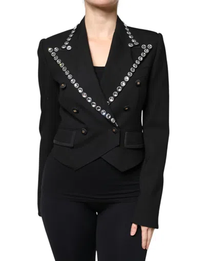 Dolce & Gabbana Wool Spencer-fit Jacket With Crystal Piping In Black