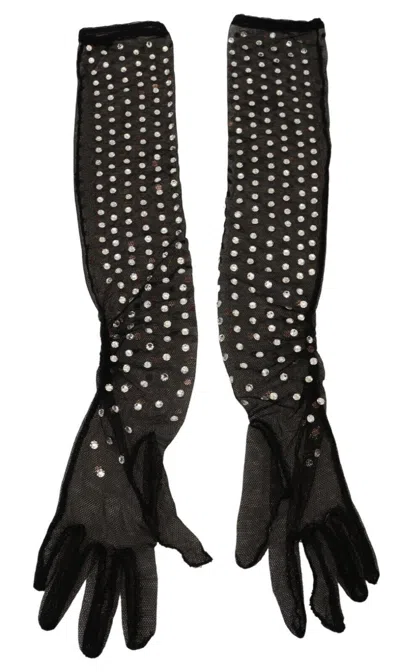 Dolce & Gabbana Black Crystal Elbow Length Cotton Tulle Women's Gloves