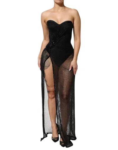 Dolce & Gabbana Black Crystal Embellished Strapless Sheer Maxi Women's Dress