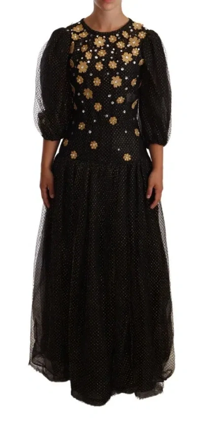 Pre-owned Dolce & Gabbana Black Crystal Floral Maxi Ball Gown Women's Dress ()