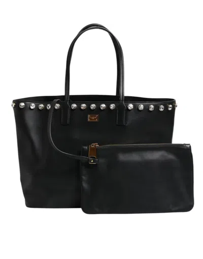Pre-owned Dolce & Gabbana Black Crystal Leather Shopping Women Tote Women's Bag ()