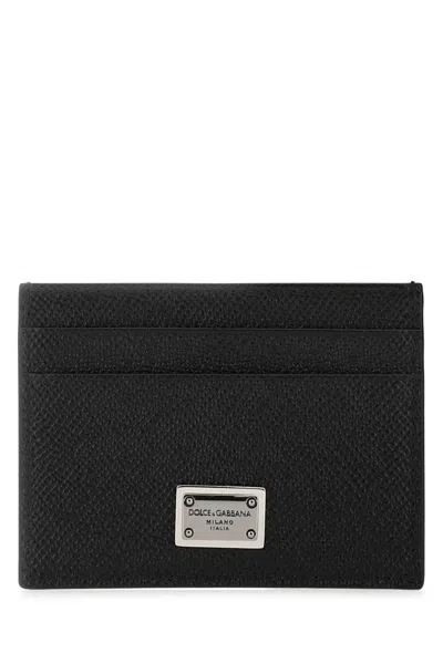 Dolce & Gabbana Black Dauphine Leather Card Holder With Logo Plaque In Brown
