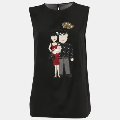Pre-owned Dolce & Gabbana Black Dg Family Applique Silk Sleeveless Top M