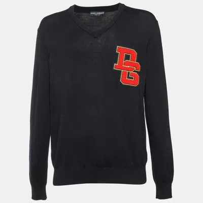 Pre-owned Dolce & Gabbana Black Dg Logo Detail Wool Knit V-neck Sweater Xl