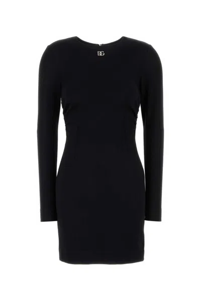 DOLCE & GABBANA BLACK DG-LOGO MILANO-RIB MINIDRESS
