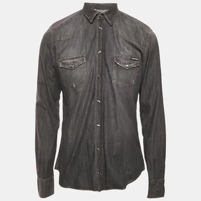 Pre-owned Dolce & Gabbana Black Distressed Denim Button Front Shirt L