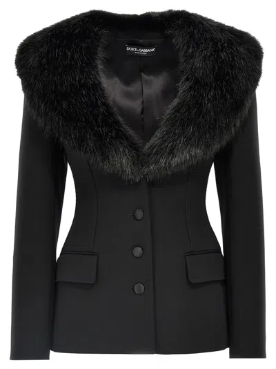 Dolce & Gabbana Tailored Blazer With Fur Collar And Pockets In Black