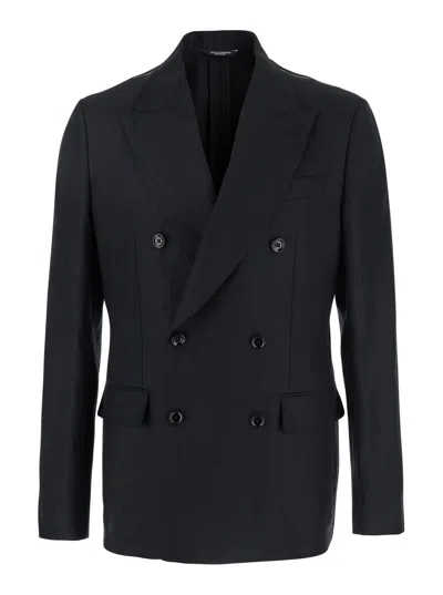 Dolce & Gabbana Black Double-breasted Jacket With Peak Revers In Linen Man