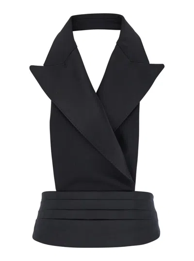 DOLCE & GABBANA BLACK DOUBLE-BREASTED VEST WITH REAR CUT-OUT IN SILK AND WOOL WOMAN