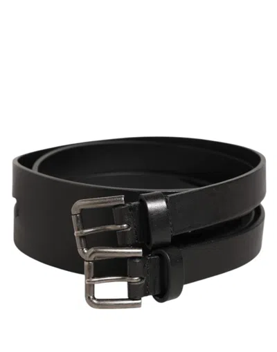 Dolce & Gabbana Black Double Strap Leather Silver Buckle Men's Belt