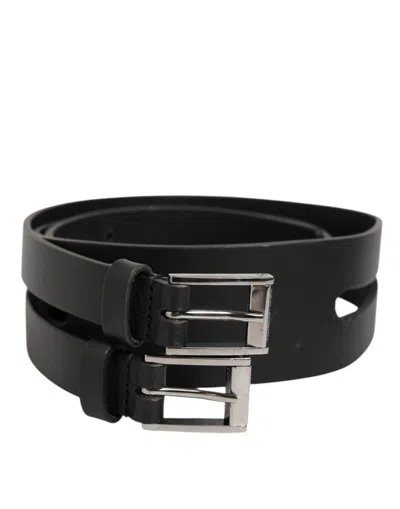 Dolce & Gabbana Black Double Strap Leather Silver Buckle Men's Belt