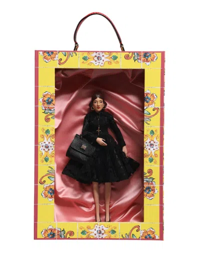 Dolce & Gabbana Black Dress Ceramic Porcelain Fashion Leather Sicily Dolls Silk Accessory In Multi