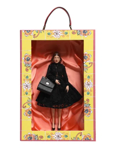 Dolce & Gabbana Black Dress Ceramic Porcelain Fashion Leather Sicily Dolls Silk Accessory In Multi